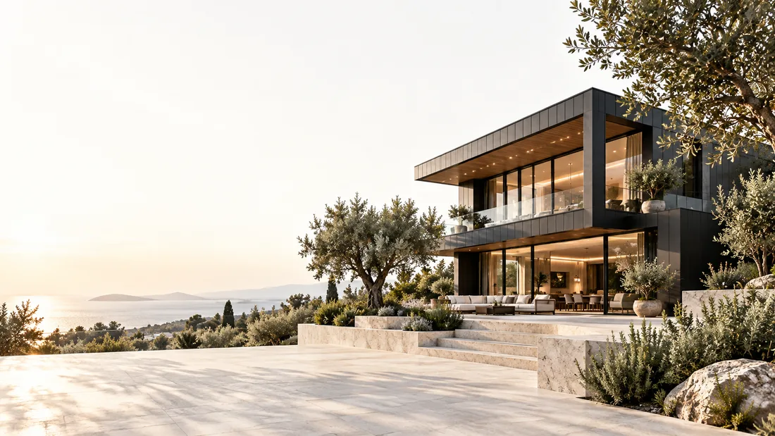 Yapı sektörünü temsil eden modern çelik villa konsept görseli